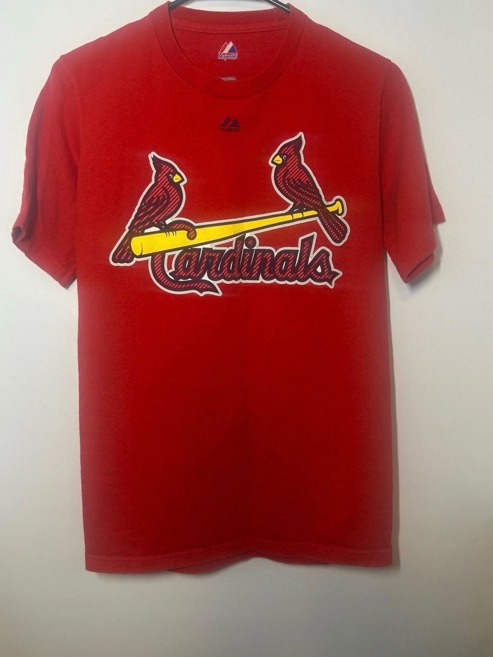 Majestic Red Cardinals Graphic Tee with Yellow Bat Accent